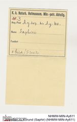 Etiketten zu Korund (Saphir) (NHMW-MIN-Ay611)